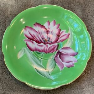 Vintage Hand painted   Green Plate with Pink Floral Design